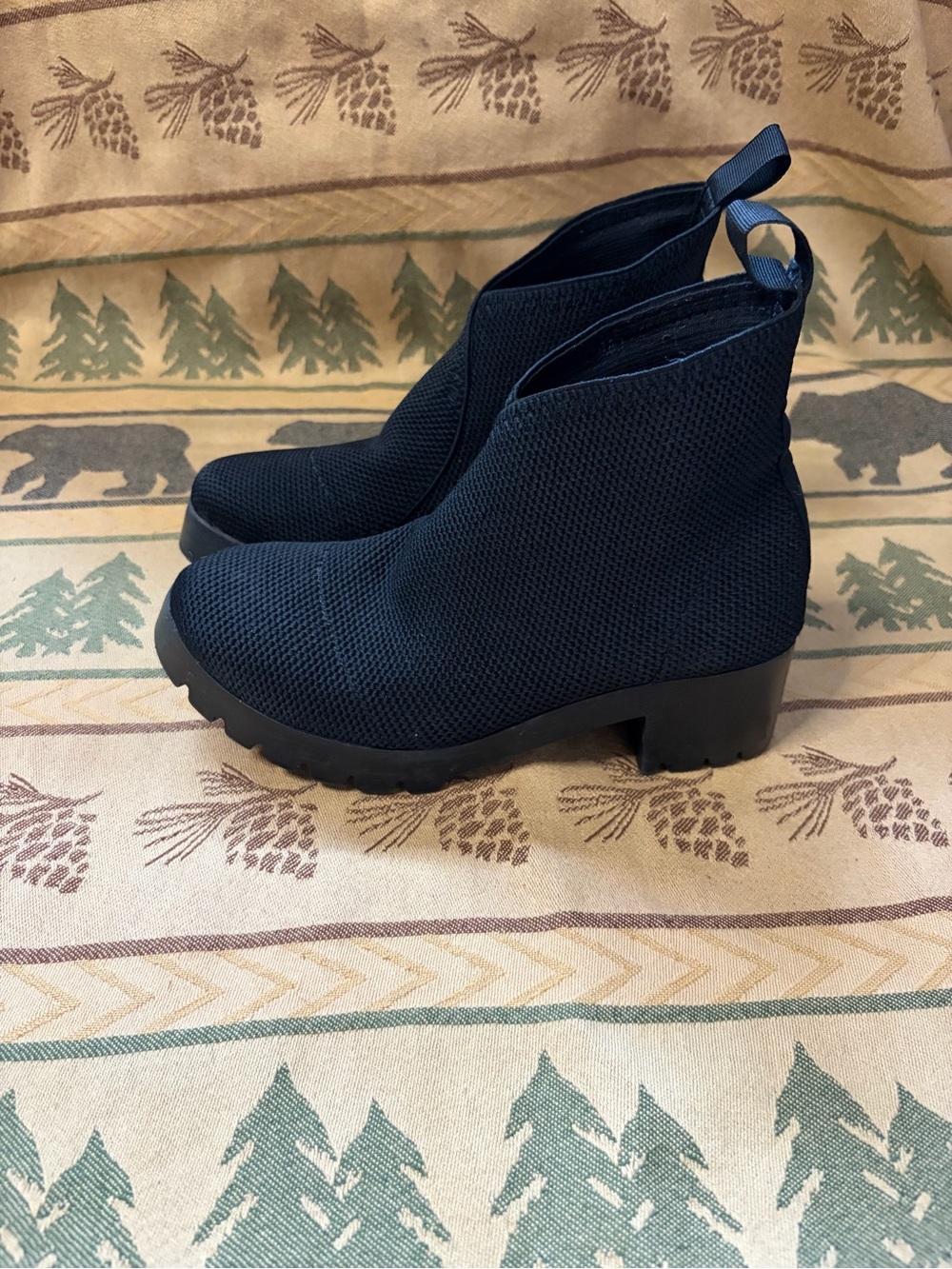 CHARLESTON SHOE CO. Black Knit Ankle Heeled Boots